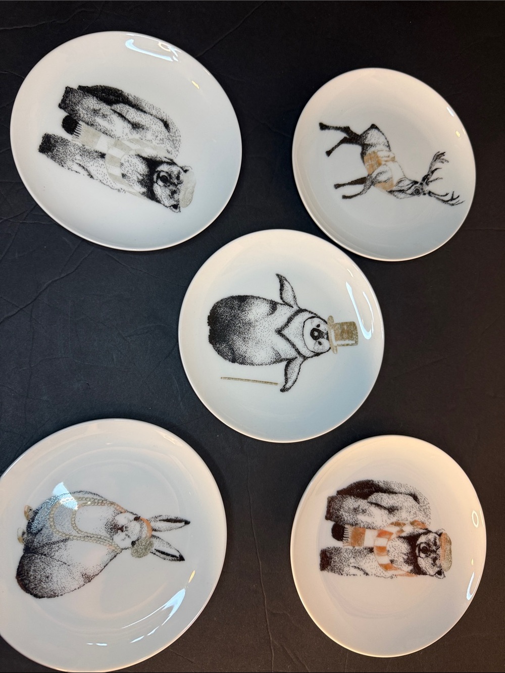 Set of 5 White Ceramic Holiday Animal Appetizer Plates
